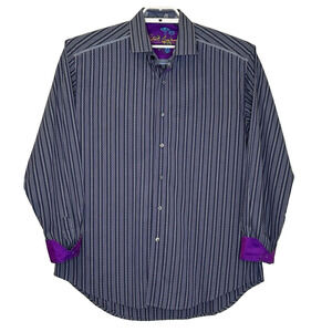 Robert Graham Mens Shirt Sz Large Blue Stripe Long Sleeve Contrast Silk Cuff